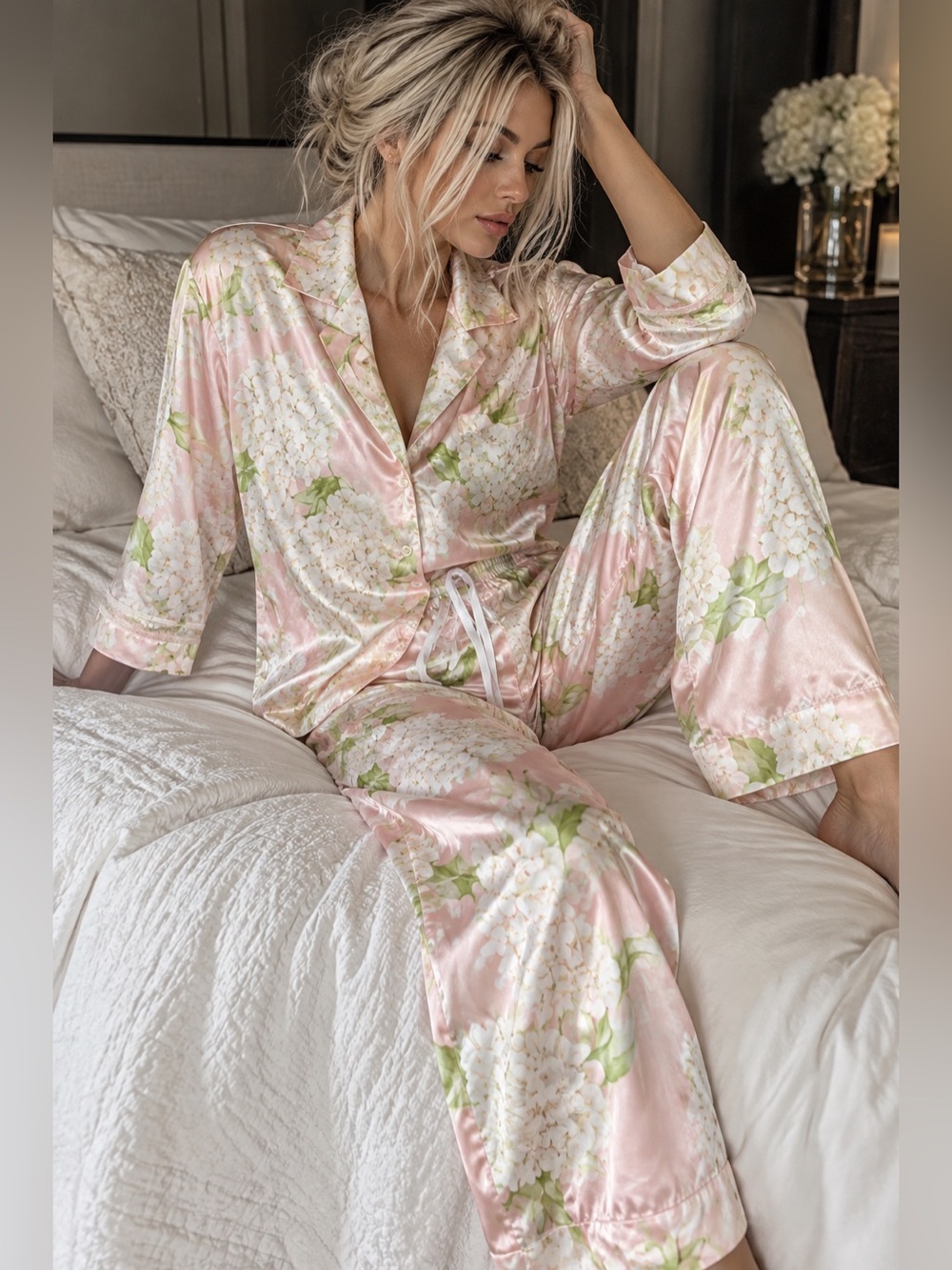 Oscar de la Renta Pink Label Floral Satin Pajama Set Pink Hydrangea M